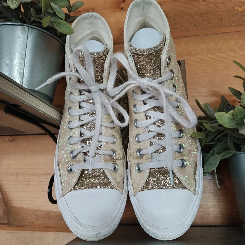 Custom Chuck Taylor All Star Hi Glitter  By You Wedding Prom Pink Gold Rare Sz 9